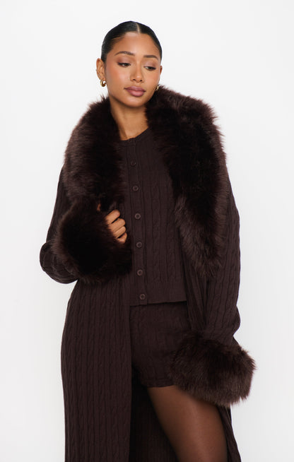 Stormi Cardigan ~ Chocolate Cable Knit with Faux Fur
