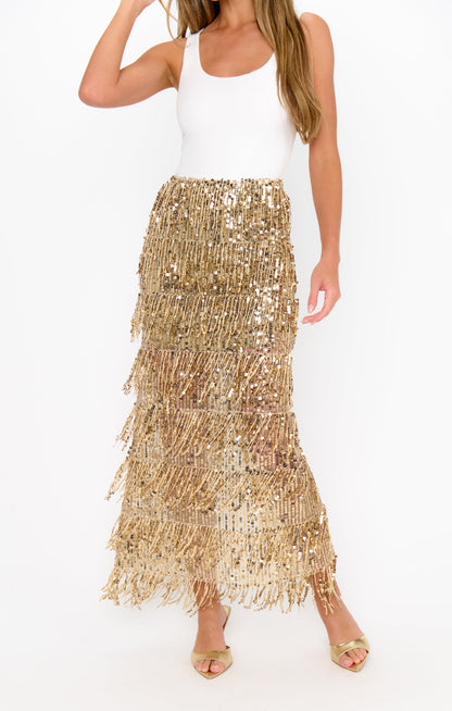 Sadie Maxi Dress ~ White Rib With Gold Sequins