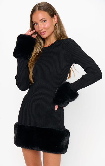Drescher Mini Dress ~ Black Knit with Faux Fur