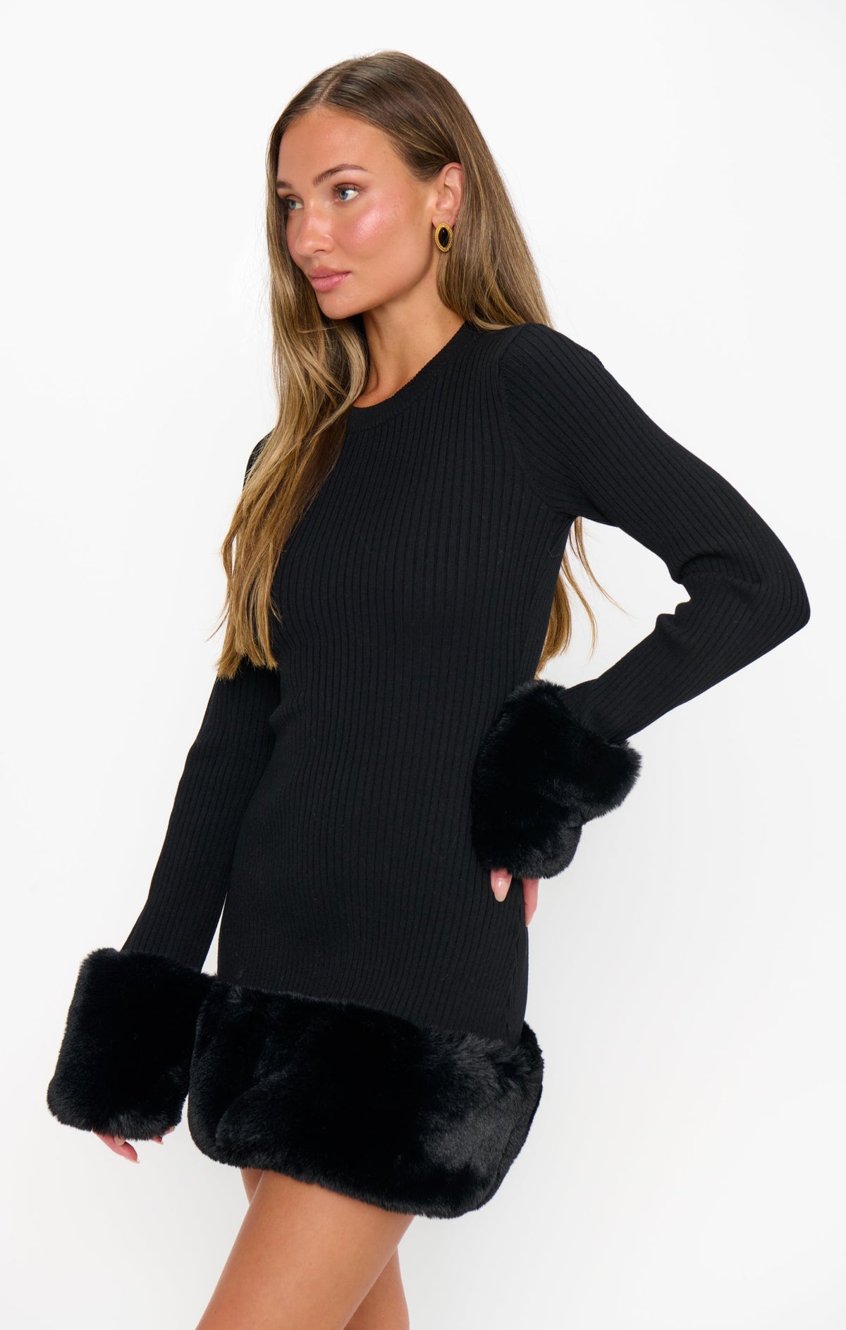 Drescher Mini Dress ~ Black Knit with Faux Fur