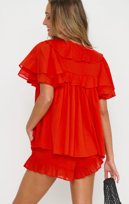 Rosalie Ruffle Top ~ Rouge Red Voile
