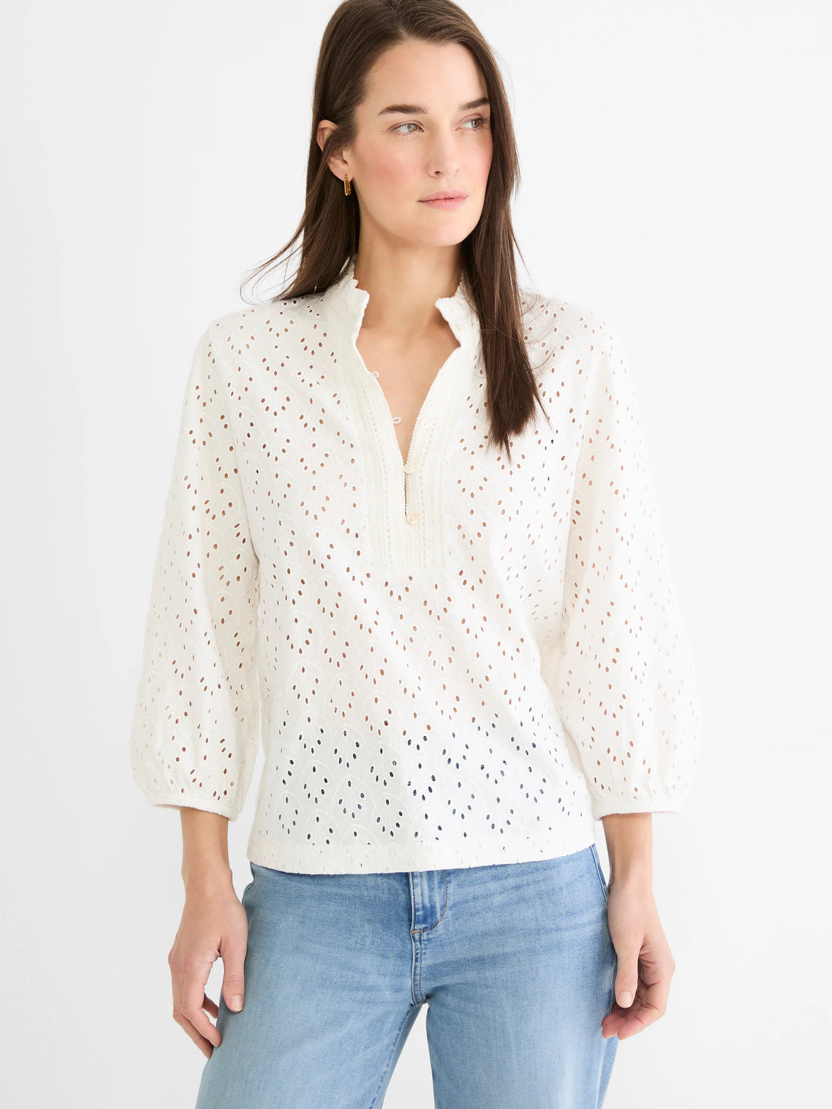 Knit Eyelet Ruffle Neck Top
