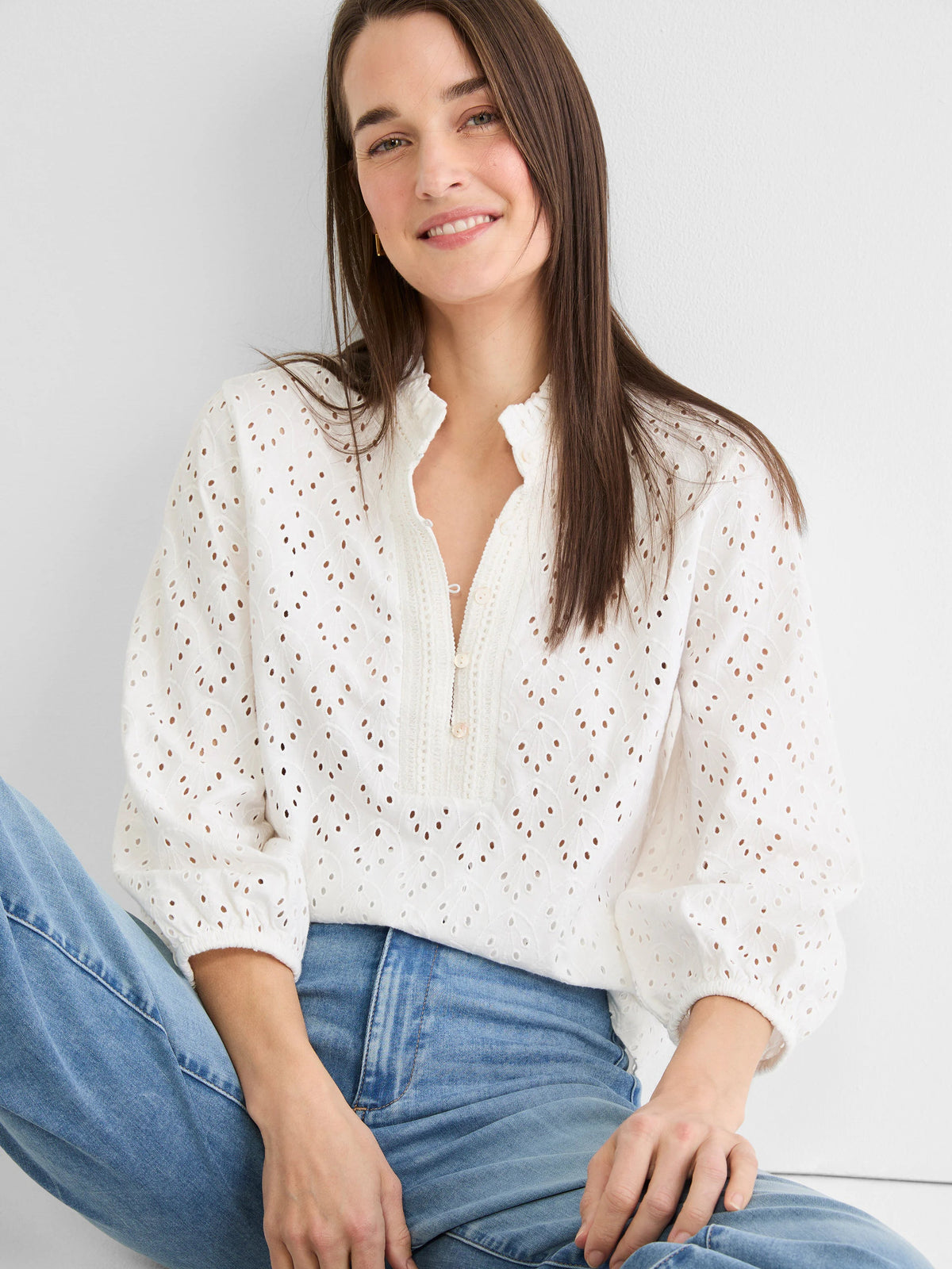 Knit Eyelet Ruffle Neck Top