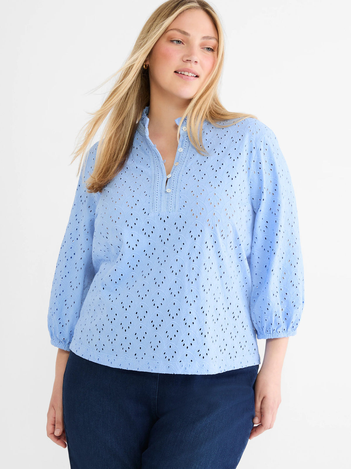 Knit Eyelet Ruffle Neck Top