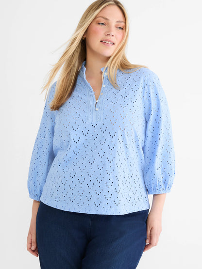 Knit Eyelet Ruffle Neck Top