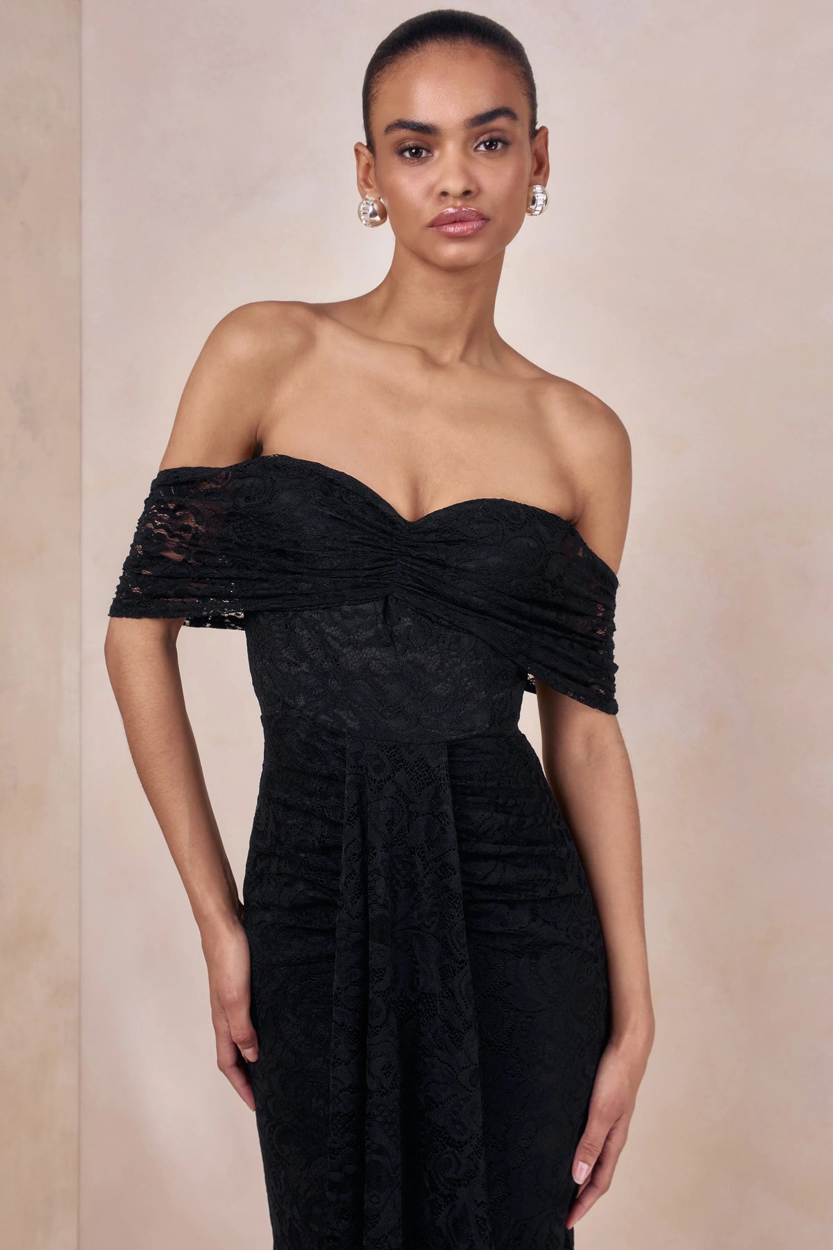 Aries Black Lace Bardot Neck Maxi Dress With Gathered Detailing