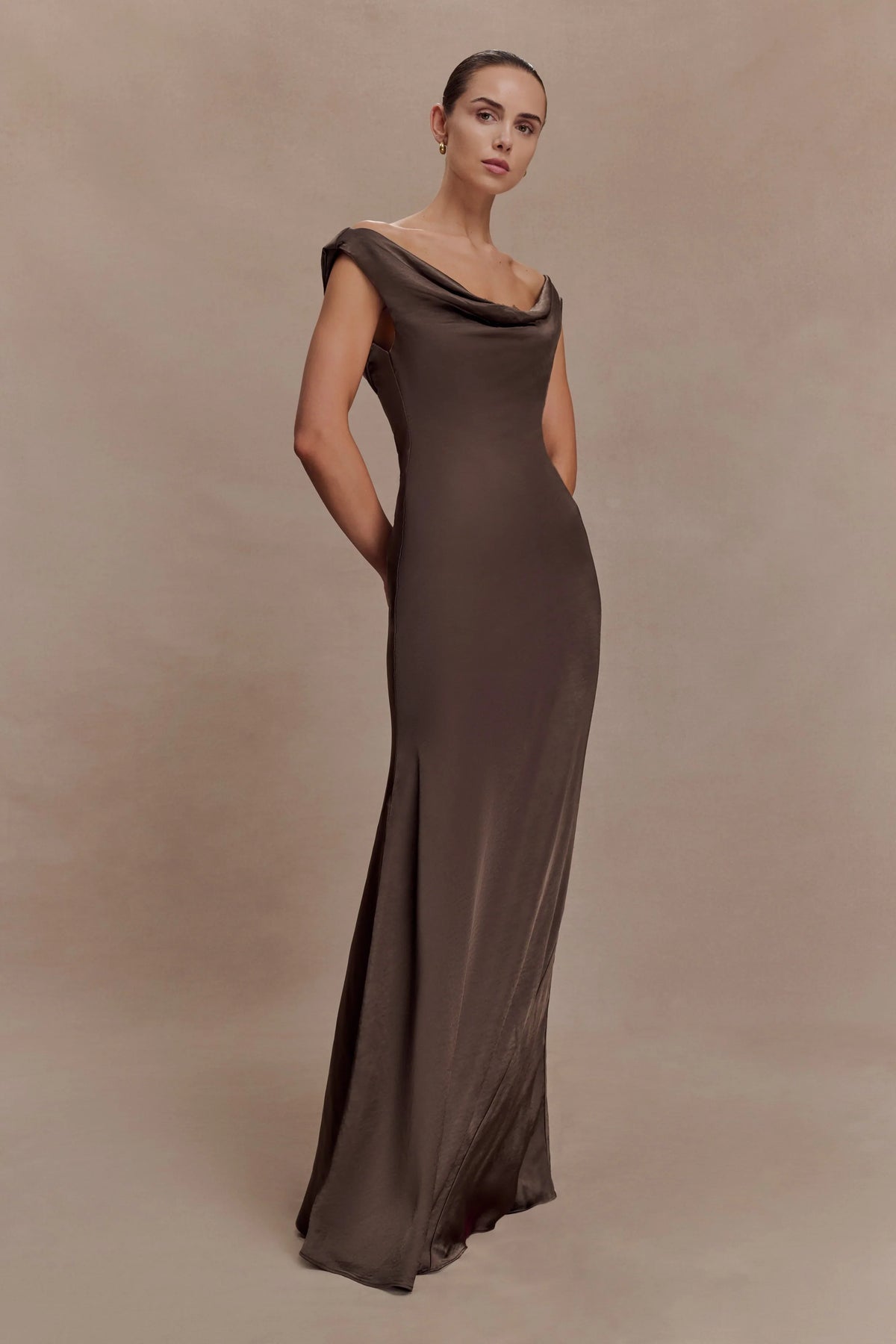 Ashley Cowl Neck Lace And Satin Maxi Dress Mocha