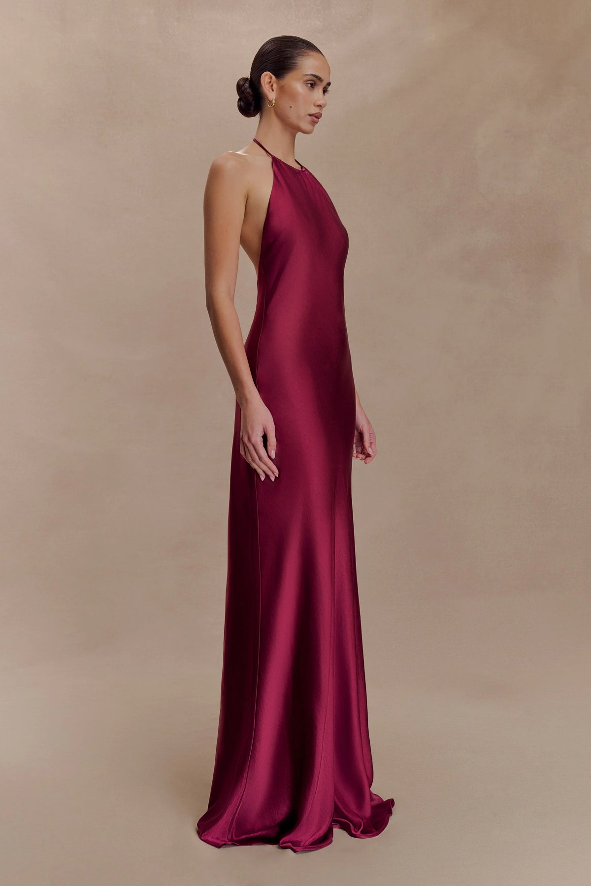 Bella Satin Halter Maxi Dress Mahogany