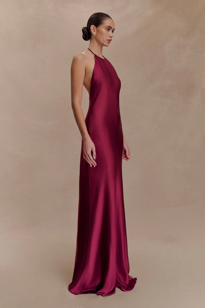 Bella Satin Halter Maxi Dress Mahogany