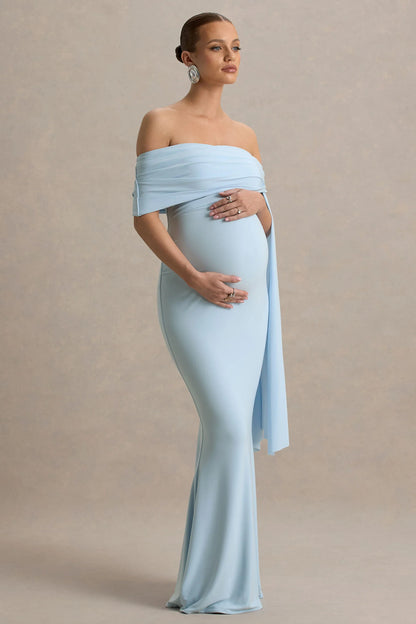 Aquila Powder Blue Bardot Maternity Maxi Dress With Draped Detail