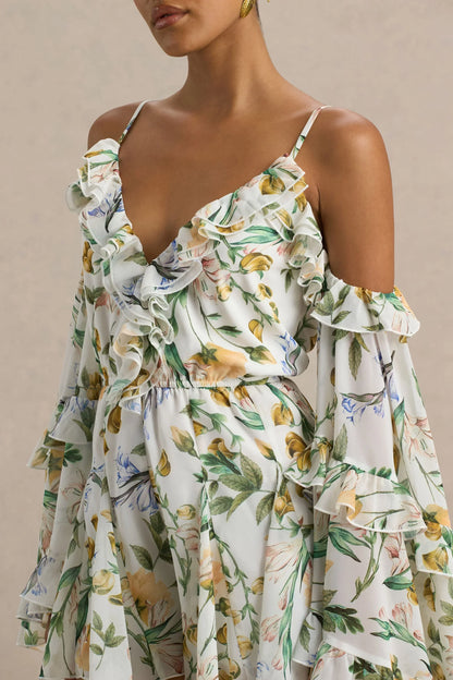 Anaya Lemon Floral Print Chiffon Playsuit With Long Sleeves