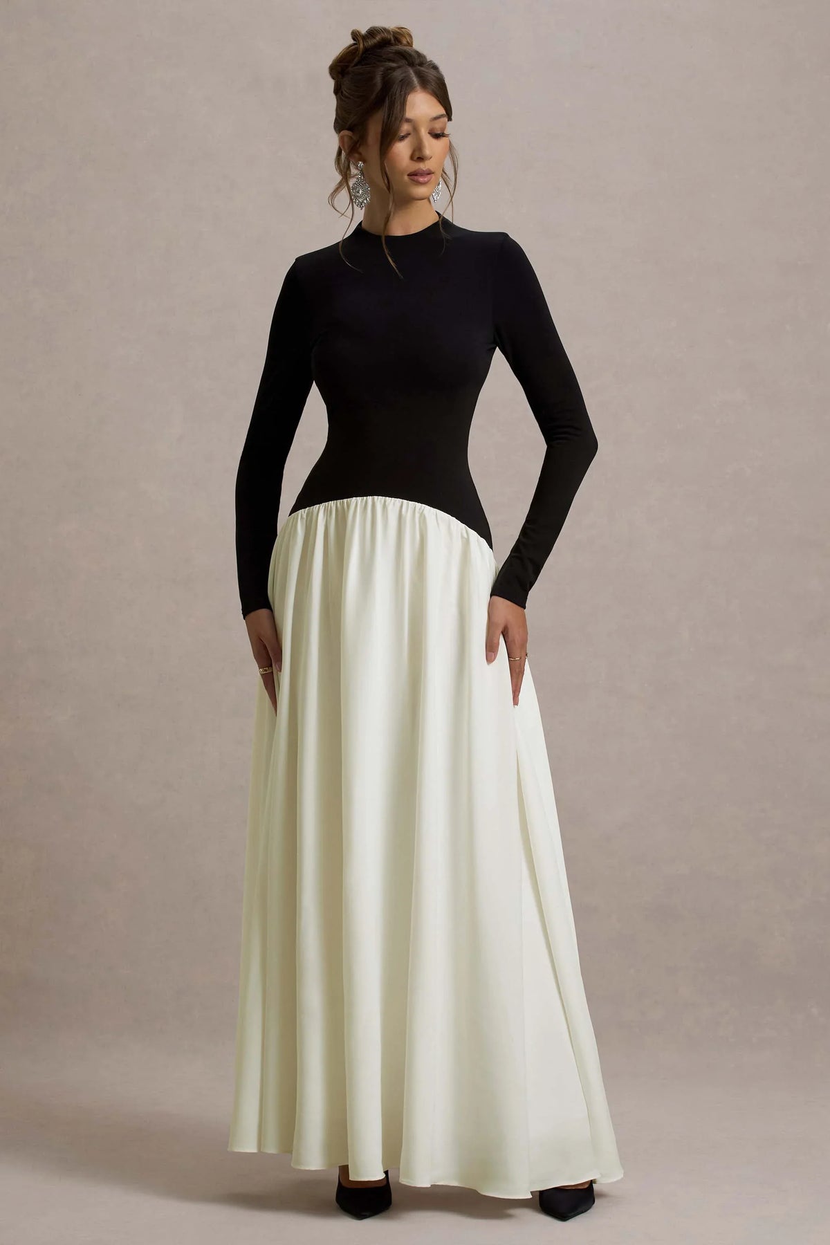 Benedetta Black Cream Long Sleeve Drop Waist Maxi Dress