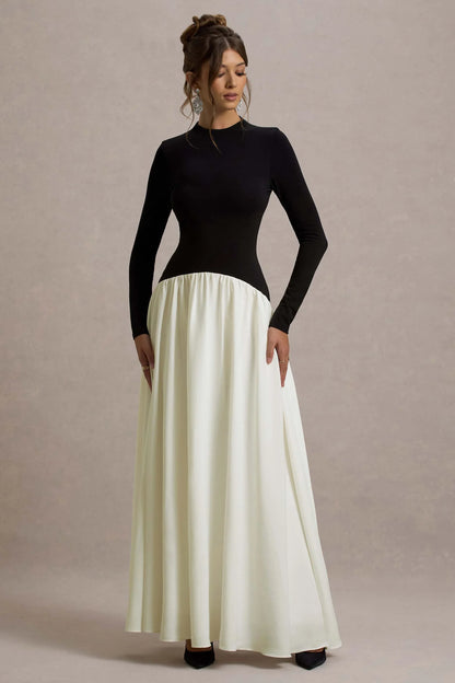 Benedetta Black Cream Long Sleeve Drop Waist Maxi Dress