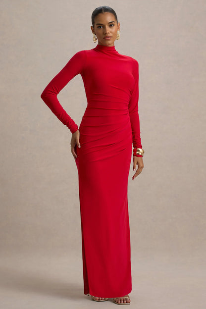 Alluring Red High Neck Maxi Dress With Ruched Detailing