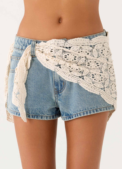Avedon Scarf Denim Mini Shorts Light Wash