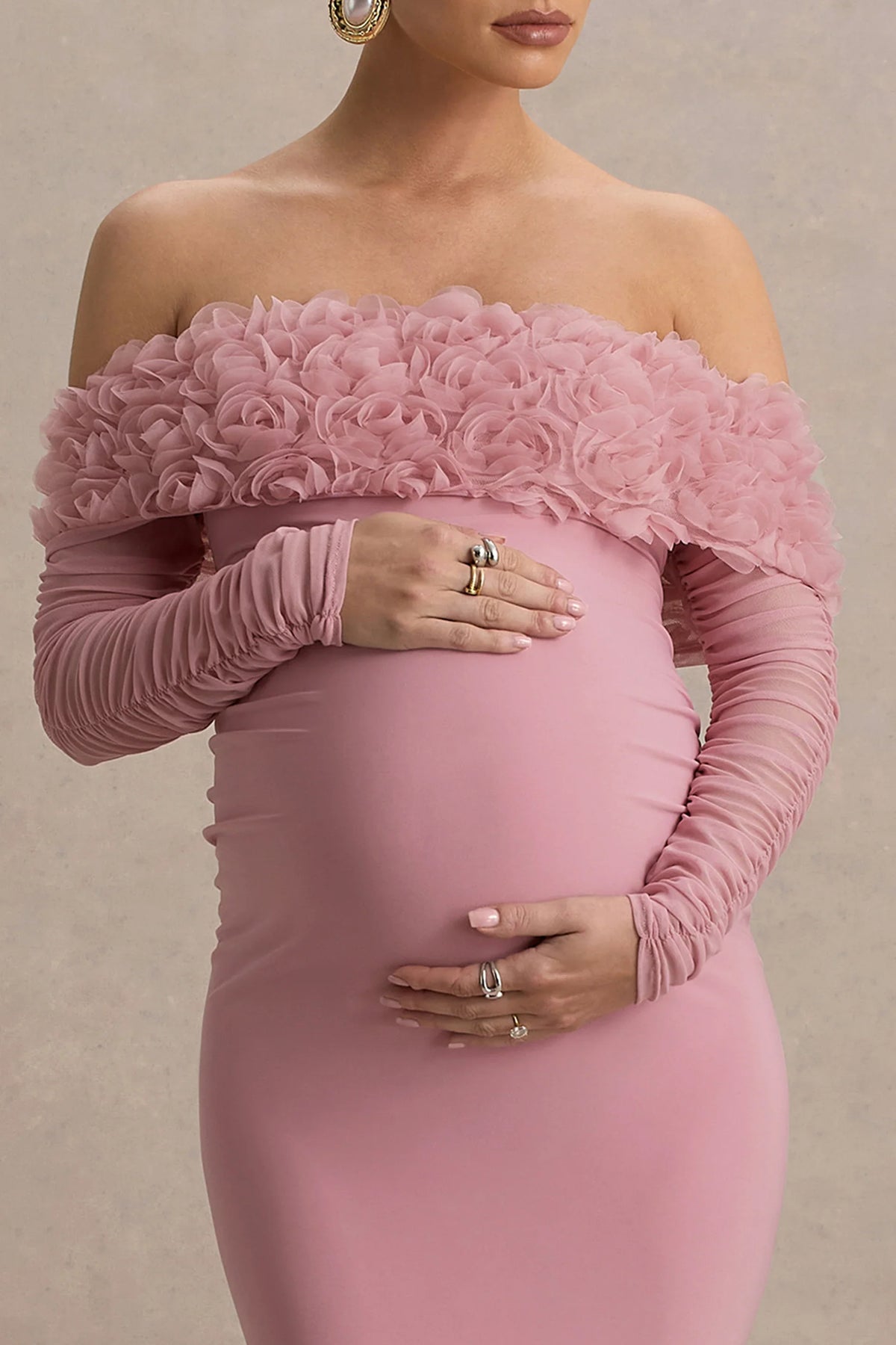 Adita Blush Pink Mesh Floral Bardot Maternity Midi Dress