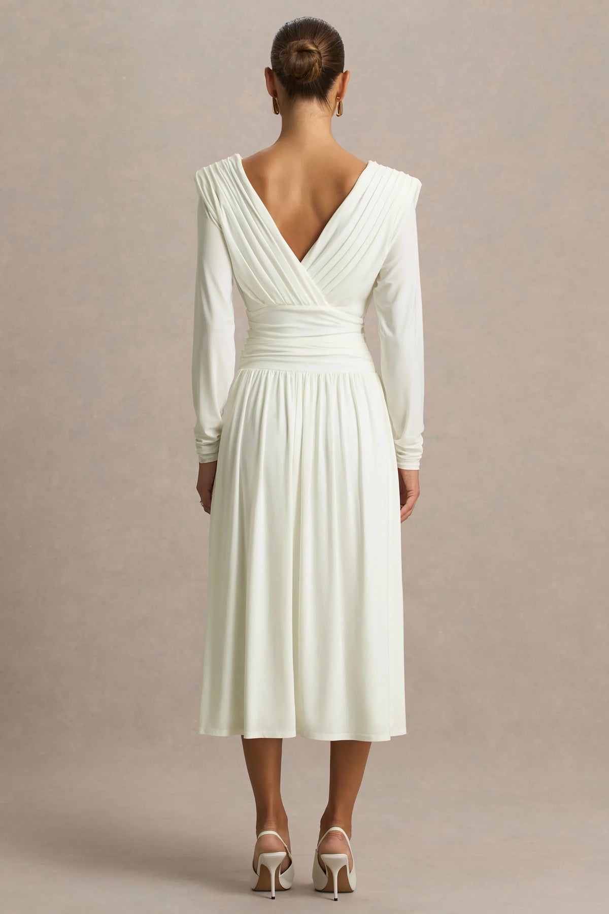 Alexis Cream Plunge Neck Midi Dress With Draped And Ruched Detailing