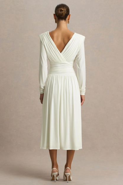 Alexis Cream Plunge Neck Midi Dress With Draped And Ruched Detailing