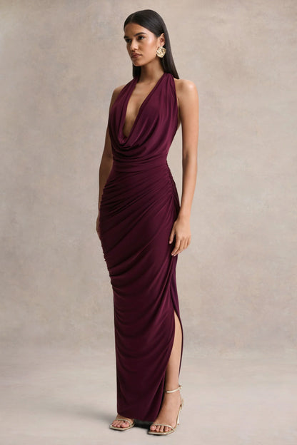 Cairo Burgundy Cowl Neck Maxi Dress With Gathered Detailing