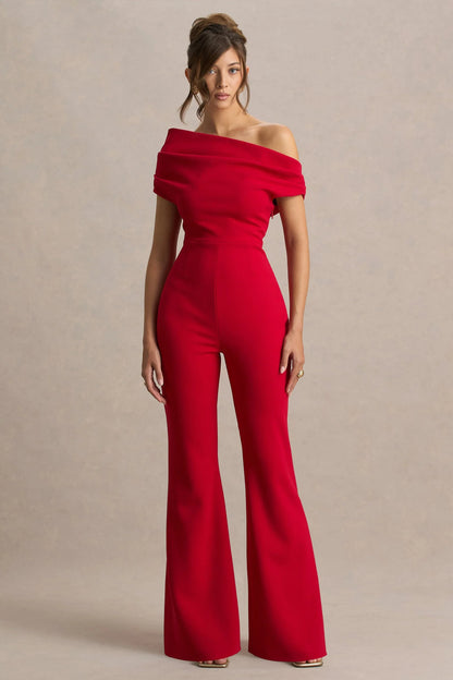 Alexandra Red Asymmetric Neck Draped Jumpsuit