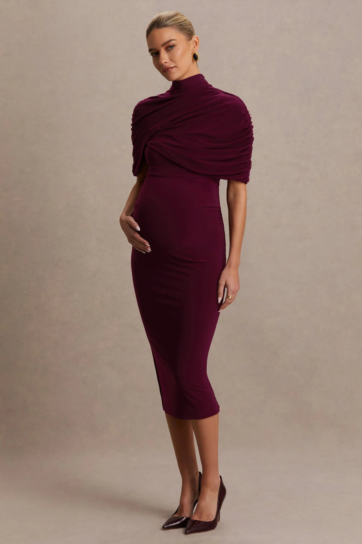 Augustina Burgundy Maternity Midi Dress With Cape