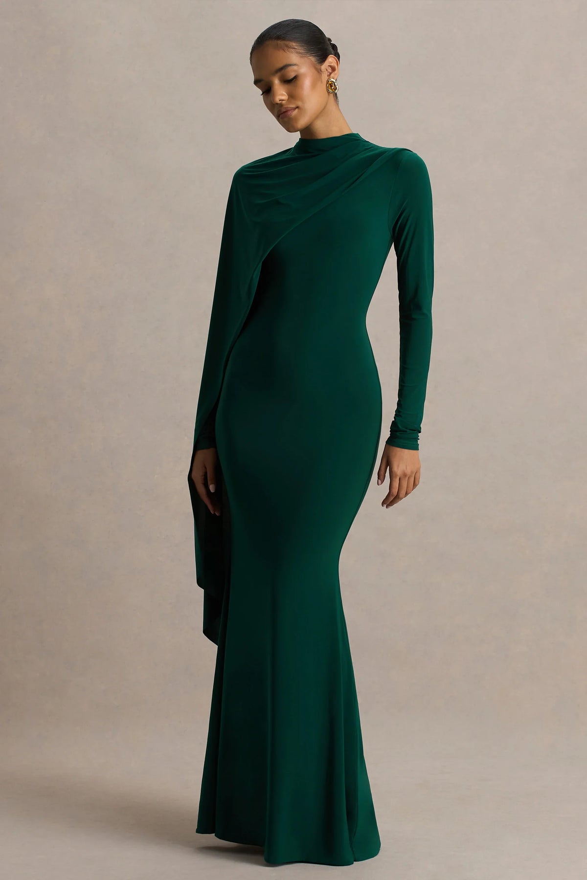 Always Bottle Green High Neck Maxi Dress With Cape Sleeve Detail