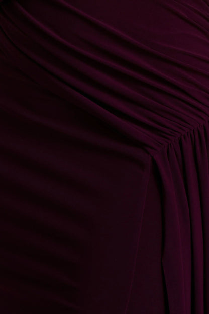 Aurelia Dark Plum High Neck Wrapped Maxi Dress With One Cape Sleeve