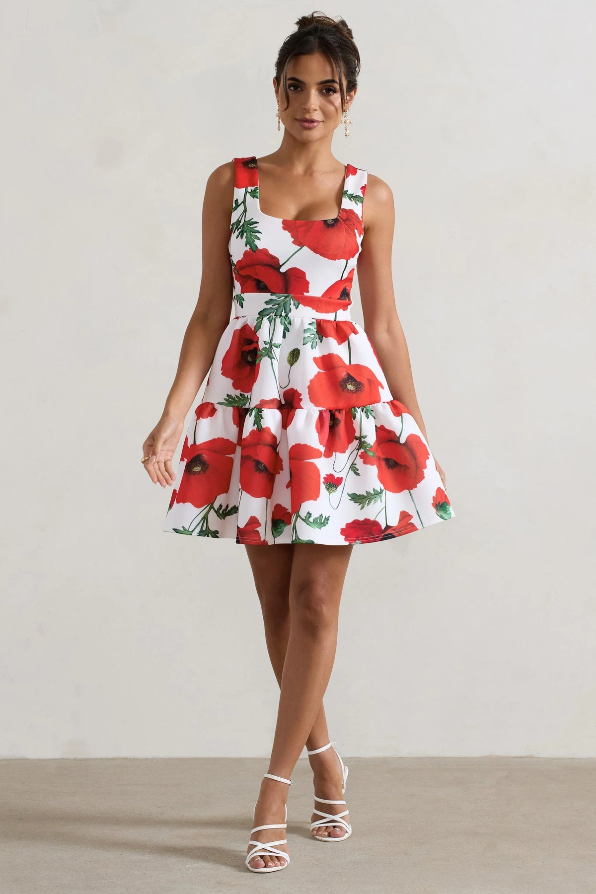 Alia Poppy Print Scoop Neck Tiered Volume Hem Mini Dress