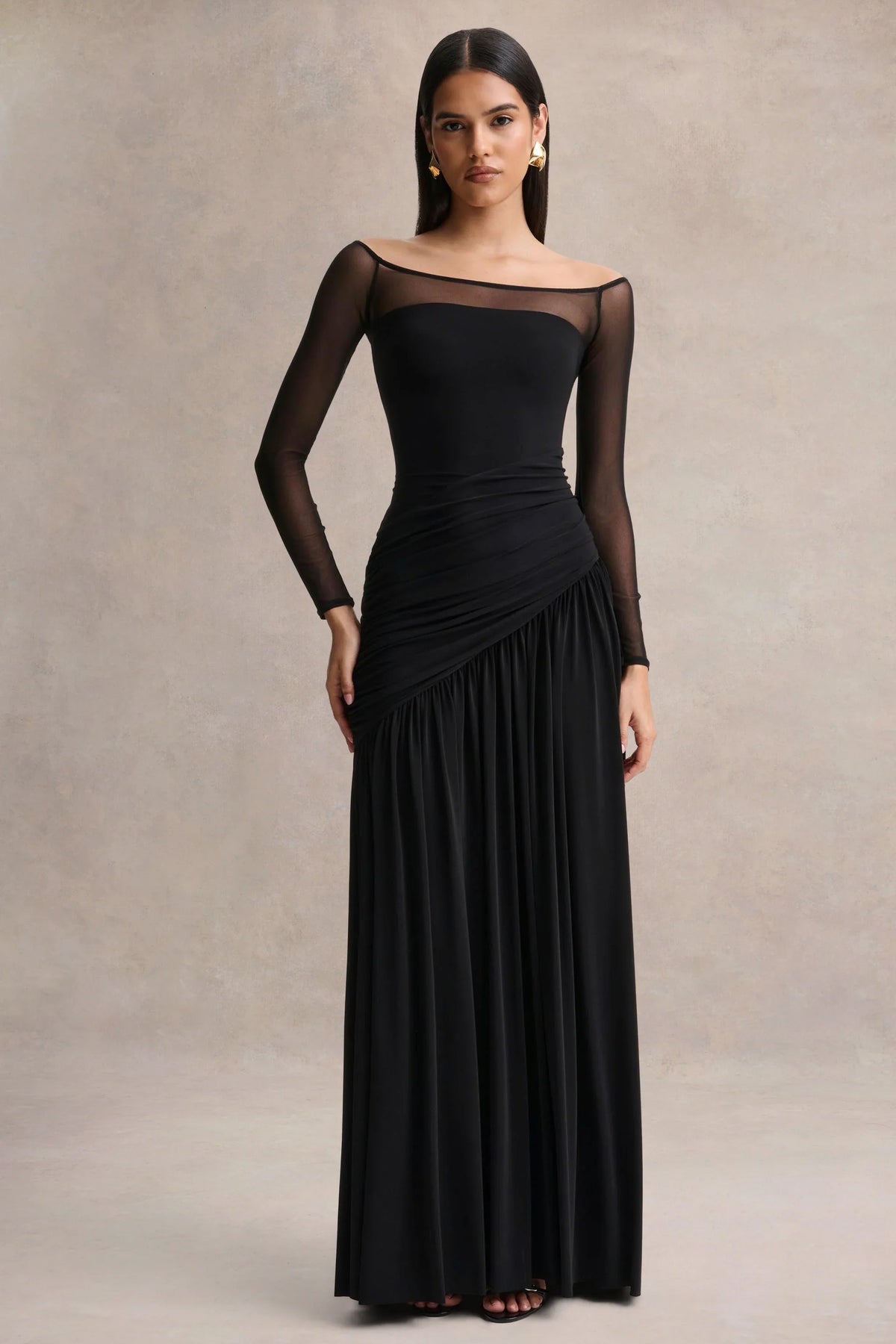 Bexley Black Bardot Neck Draped Maxi Dress With Long Mesh Sleeves