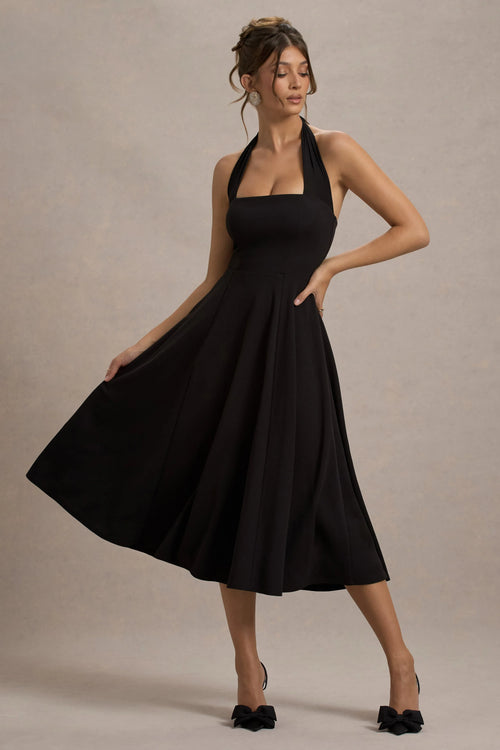 Auburn Black Halter Skater Midi Dress