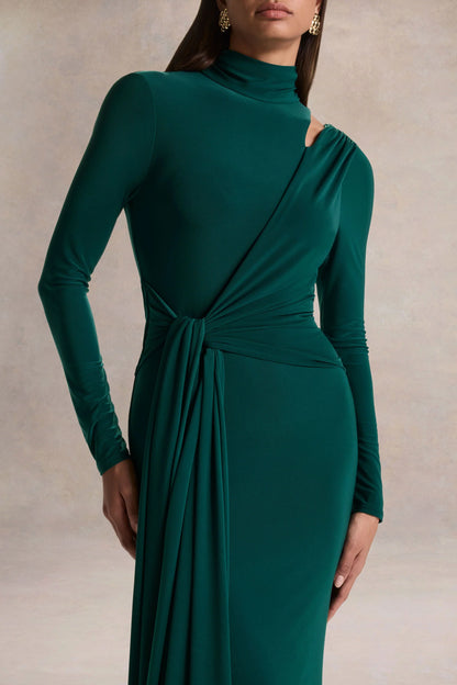 Alastrina Dark Green High Neck Maxi Dress With Gathered Detailing