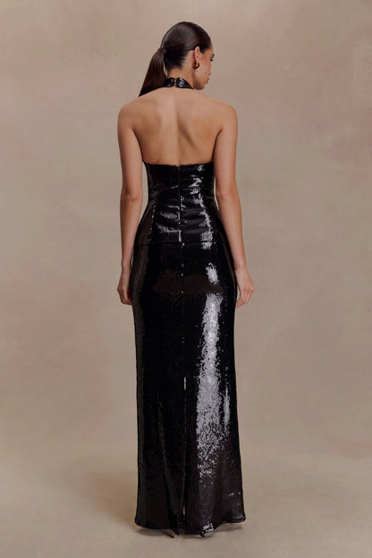 Bertie Sequin Peplum Halter Maxi Dress Black