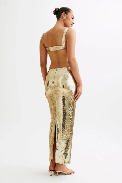 Adoria Sequin Cut Out Maxi Dress Gold