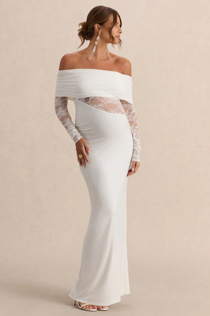Artemisia White Bardot Neck Maternity Maxi Dress With Lace Detailing