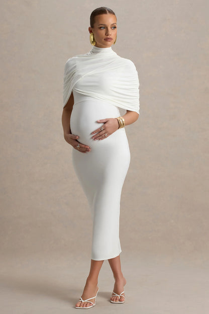Augustina White Maternity Midi Dress With Cape