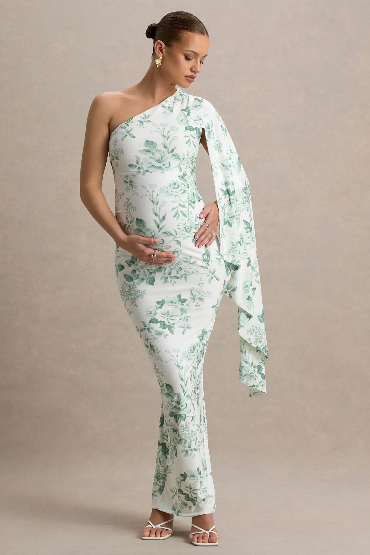Aliana Green Porcelain Print Asymmetric Maternity Maxi Dress With Ruched Detailing