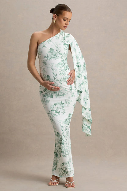 Aliana Green Porcelain Print Asymmetric Maternity Maxi Dress With Ruched Detailing