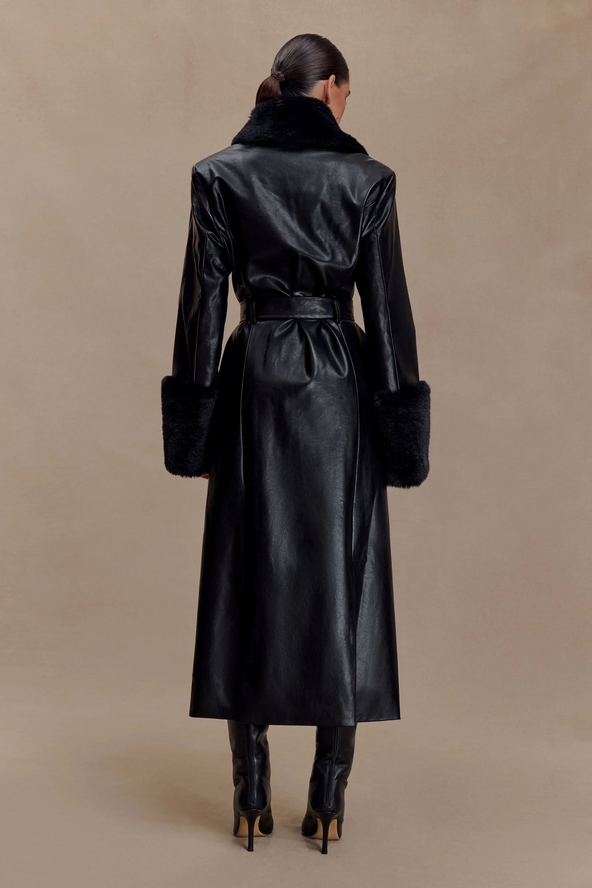 Bec Faux Leather Trench Coat With Faux Fur Black