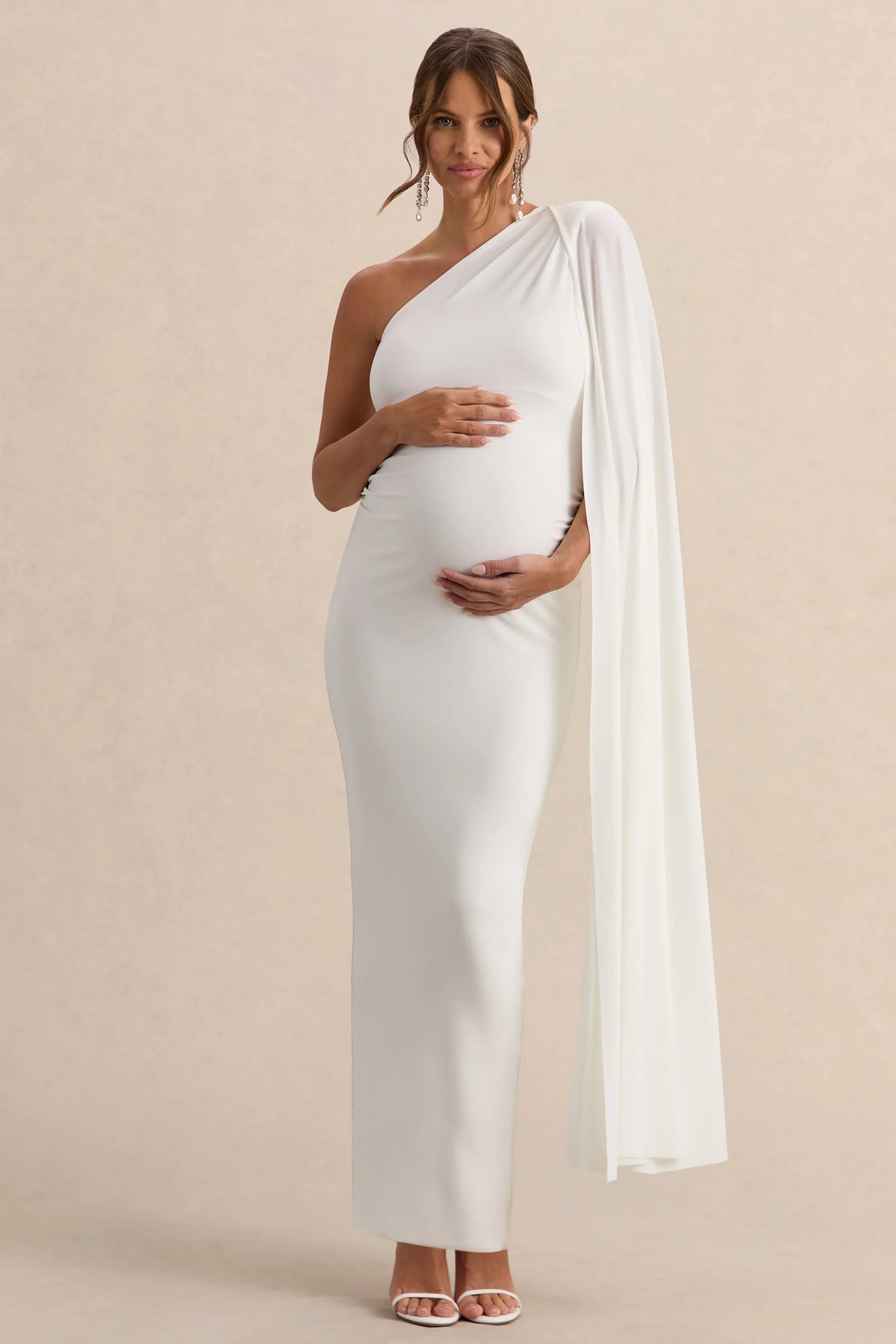 Amaryllis White Maternity One Shoulder Maxi Dress with Cape Sleeve