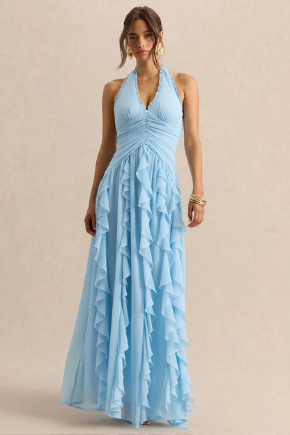 Bea Powder Blue Plunge Neck Ruffled Maxi Dress