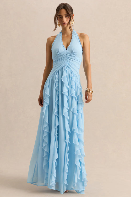 Bea Powder Blue Plunge Neck Ruffled Maxi Dress
