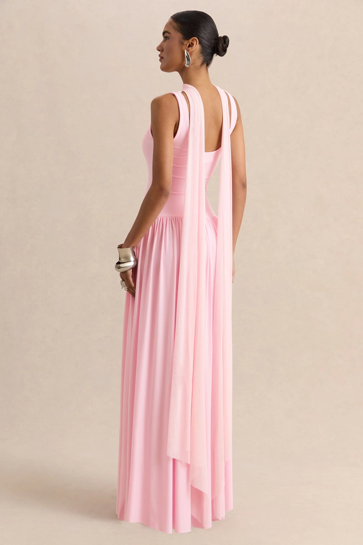 Aurina Pink Square Neck Maxi Dress With Scarf Detail