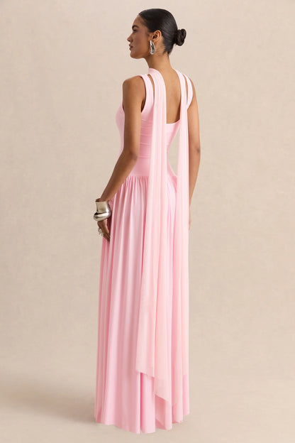 Aurina Pink Square Neck Maxi Dress With Scarf Detail
