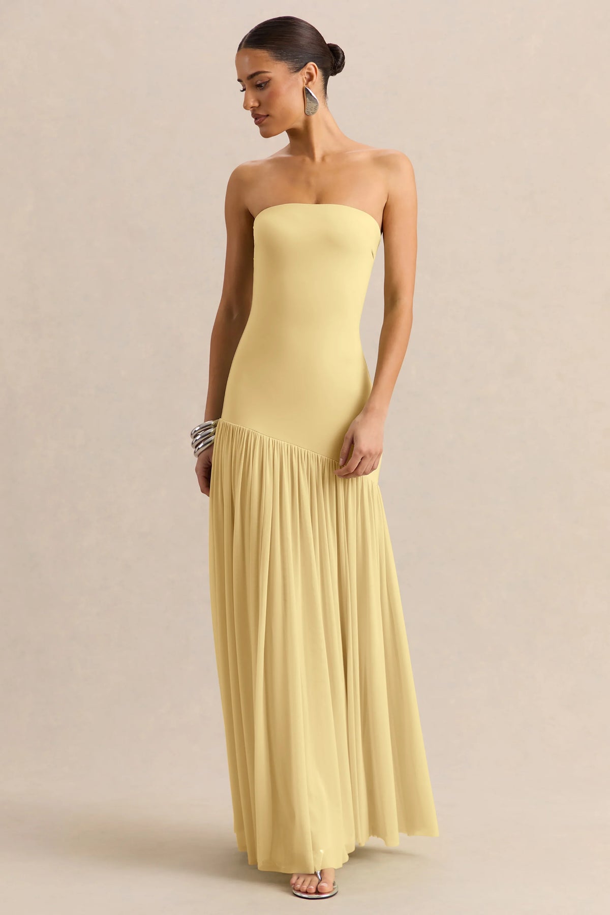 Bambi Lemon Bandeau Neck Maxi Dress With Scarf Detail