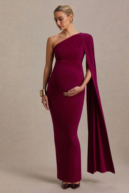 Amaryllis Berry Maternity One Shoulder Maxi Dress with Cape Sleeve