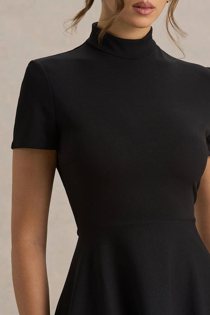 Bellona Black High Neck High Low Midi Dress