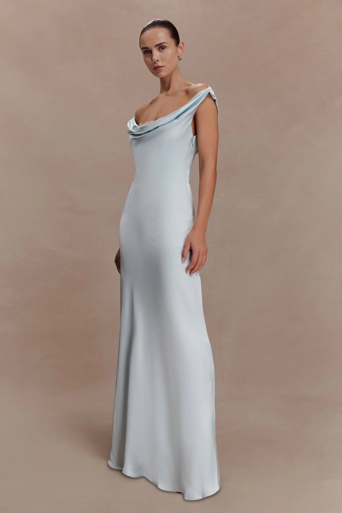 Ashley Cowl Neck Lace And Satin Maxi Dress Ice Blue