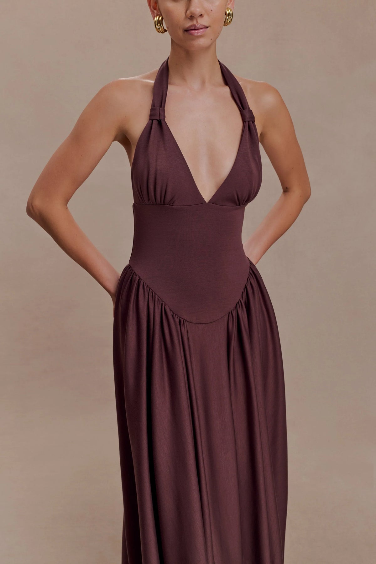 Angelina Scuba Halter Midi Dress Chocolate