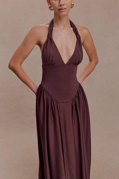 Angelina Scuba Halter Midi Dress Chocolate