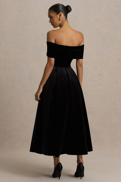 Ablaze Black Velvet Bardot Neck Midi Dress